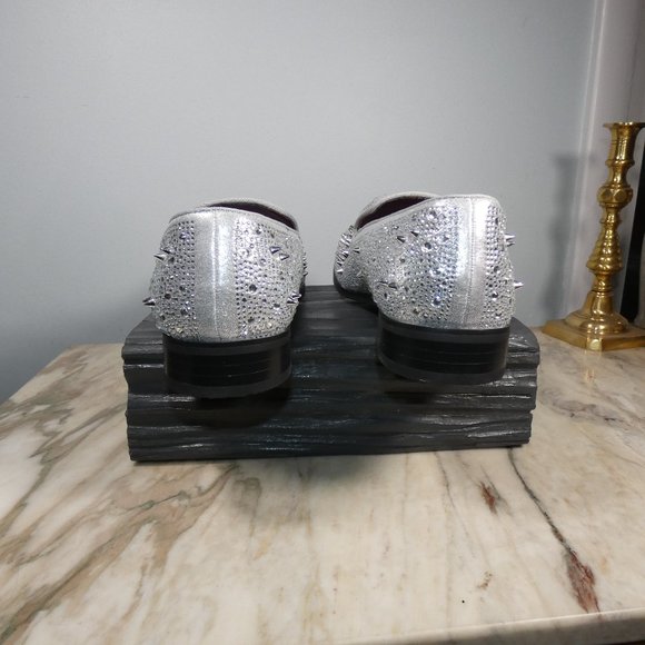 NICE! Stylish Formal Enzo Romeo Men Rhinestones Spikey Studs Loafers Silver 9